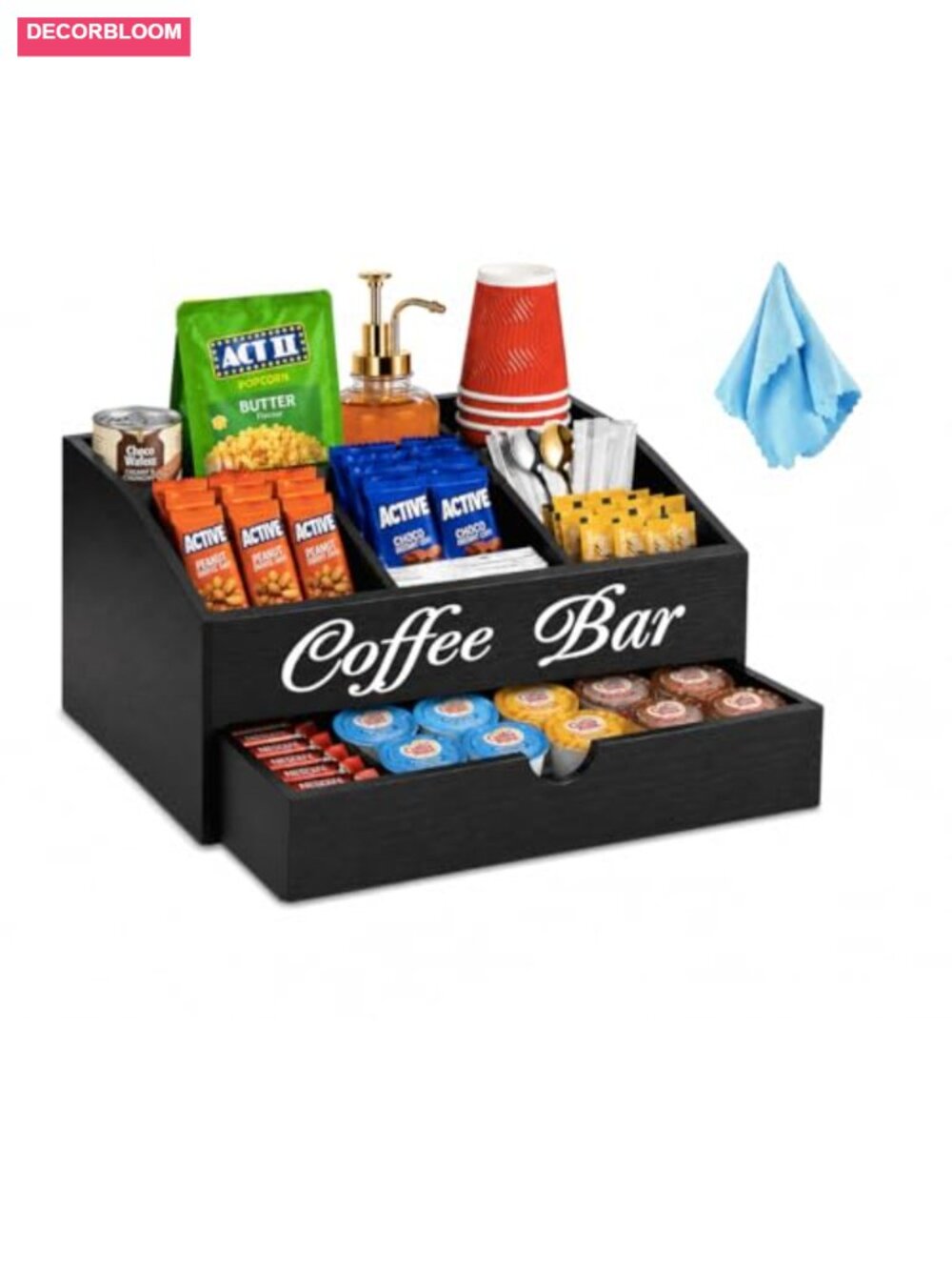 Wooden Coffee Station Organizer 5 Compartment Snack Storage Drawer
